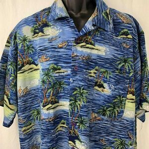 Zam Hawaiian Island Shirt L Blue Green Palm Trees Boat Camp Button Up Pocket
